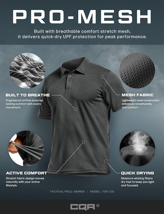 CQR Men's Polo Shirts, Tactical Short Sleeve Golf Performance Shirts, Lightweight Dry Fit UPF 50+ Pique