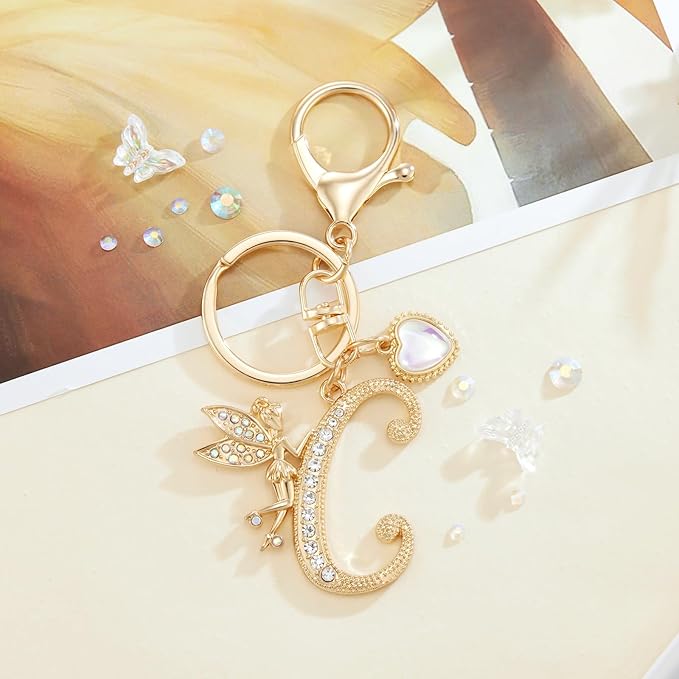 Gold Plated Alphabet Initial Letter Keyring Keychain for Women Girls Crystal Key Chains for Wallet Backpack Bag Charm