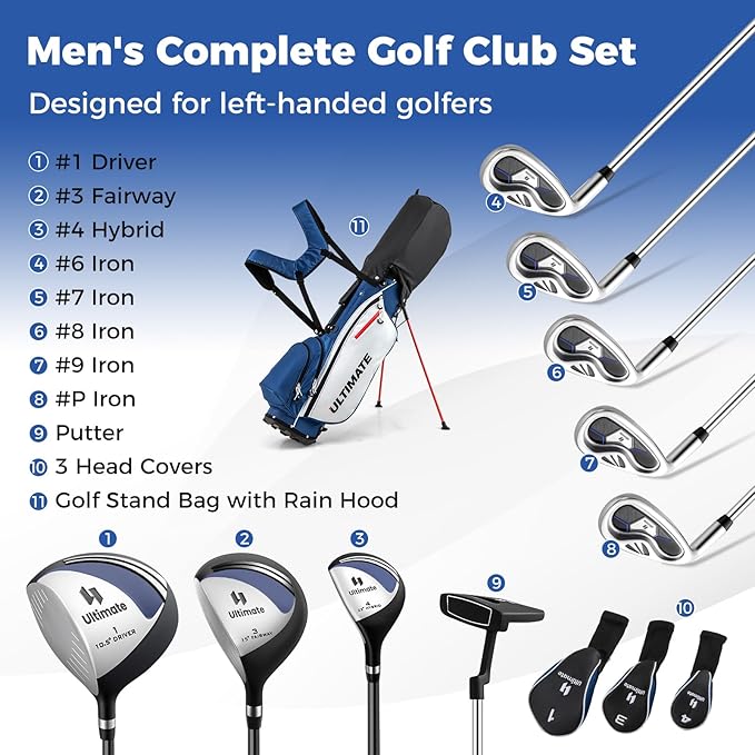 ULTIMATE Left Handed Golf Clubs for Men, 10pcs Men's Complete Golf Club Set Includes 460cc #1 Driver, #3 Fairway Wood, #4 Hybrid, #6/#7/#8/#9/#P Irons, Putter