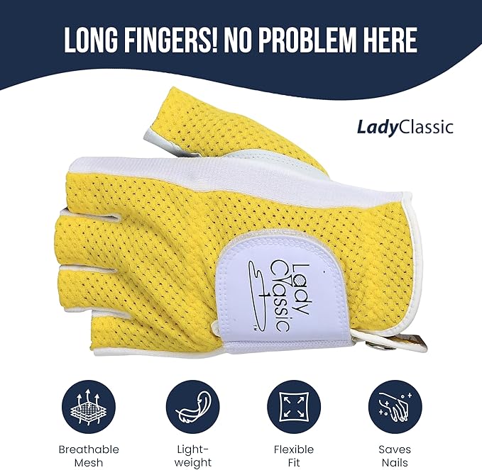 Mesh Half Golf Glove for Women – Premium Cabretta Leather Palm, Breathable Mesh Back, Half-Finger Design Ladies Golf Glove for Enhanced Grip & Comfort