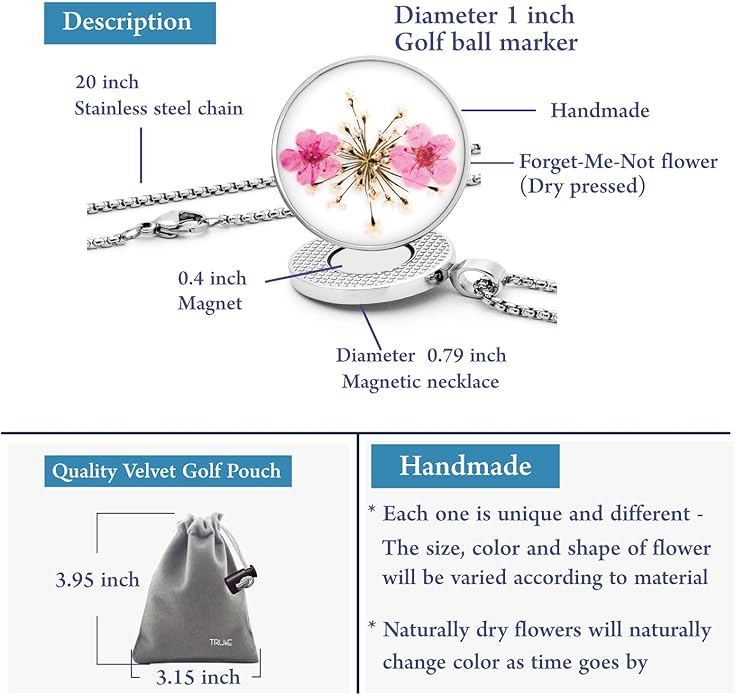 Golf Ball Marker necklace with ball marker, handmade pressed flower golf marker,Gifts Accessories Women Golfers