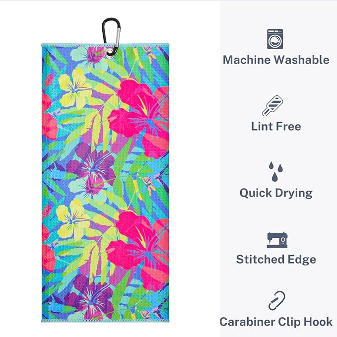 Microfiber Golf Towels for Golf Bags & Carts - Premium Weave Waffle & Ball Towels with Carabiner Clip, Essential Accessories for Men, Women and Kids, Golfer Gifts, Set of 2 (Bright Tropics)