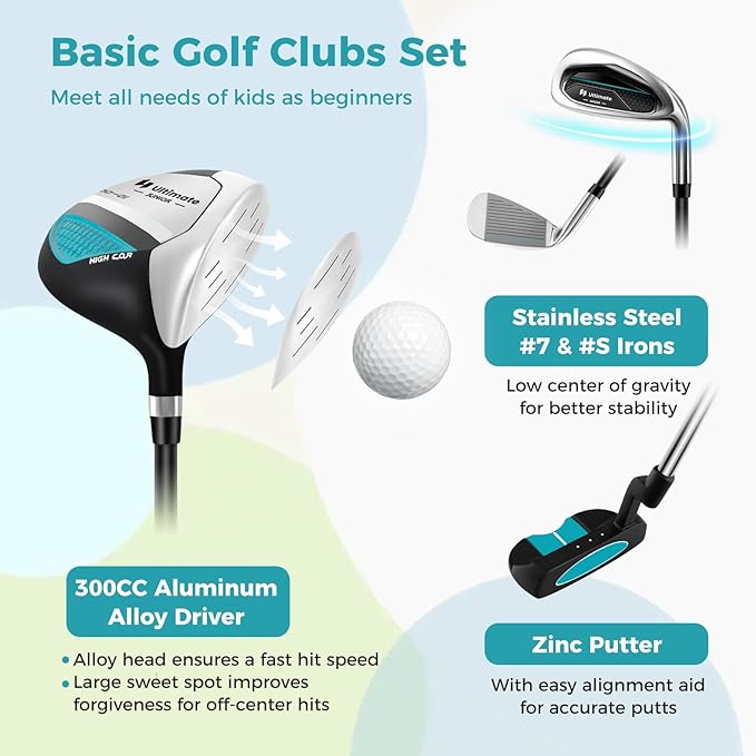 Goplus Junior Complete Golf Club Set for Kids, Right Hand Golf Clubs with Stand Bag, Rain Hood, Golf Practice Set for Ages 5-7,8-10,11-13 Boys Girls