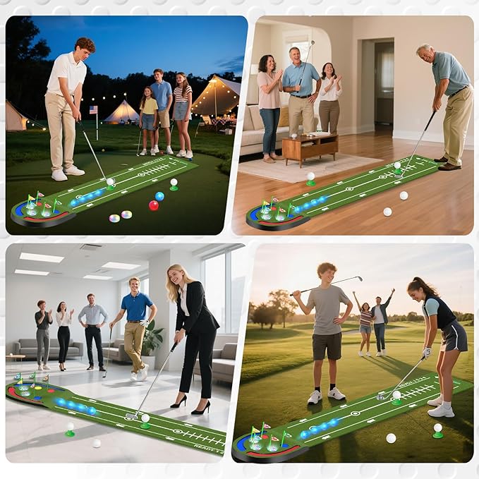 Upgraded Golf Putting Mat for Kids, Putting Green with LED Light up Holes, Glowing Balls, 2 Clubs, Toy Golf Set, Golfing Mats Indoor Outdoor, Sport Game Golf Gift for for Kids Teens Family