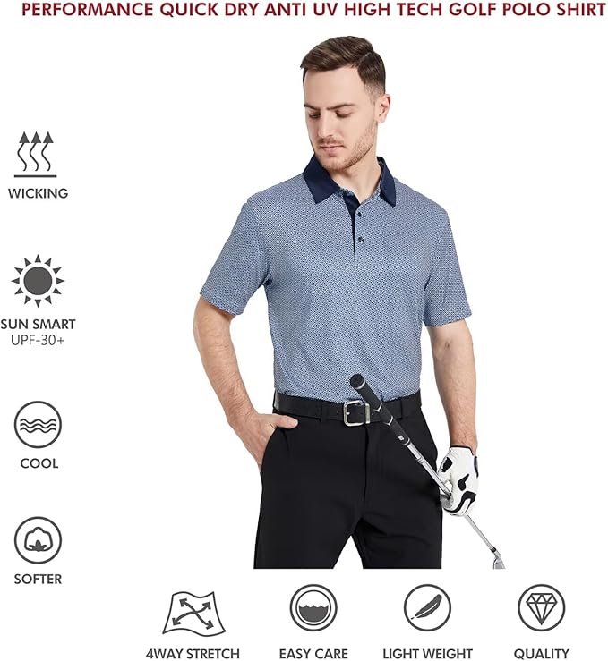 Golf Shirts for Men Dry Fit Short Sleeve Print Performance Moisture Wicking Polo Shirt