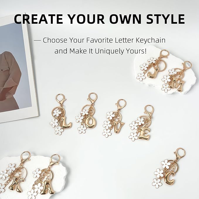 Gold Bubble Heart, Cherry, Bow & More Designs Letter Initial Keychain Bag Charms – Cute Purse Charms for Handbags