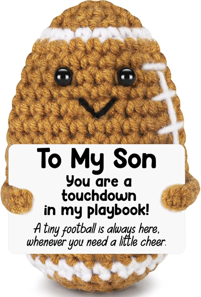 Mini Funny Son Gifts from Mom Dad, Birthday Gifts for Adults Boys Bonus Step, Positive Football Doll Cheer Up Presents with Inspirational Card, Handmade Emotional Crochet Football for Graduation