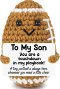 Mini Funny Son Gifts from Mom Dad, Birthday Gifts for Adults Boys Bonus Step, Positive Football Doll Cheer Up Presents with Inspirational Card, Handmade Emotional Crochet Football for Graduation