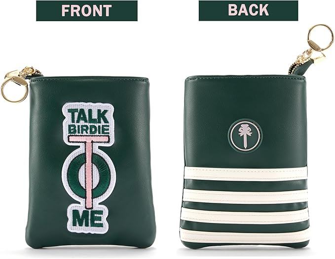 PINKTEE Golf Valuables Pouch Funny Golf Accessories Bag with Zipper Master Green Premiun Leather Golf Tee/Ball Pouch for Women Men (TALK BIRDIE TO ME, White stripe)