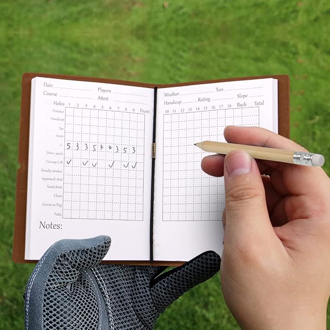 Leather Golf Scorecard Book Golf Yardage Book for Practice Stats and Round Logging - Golf Scorecard Book with Golf Score Cards Pages with Small Golf Pencil, Golf Terminology & Game Formats
