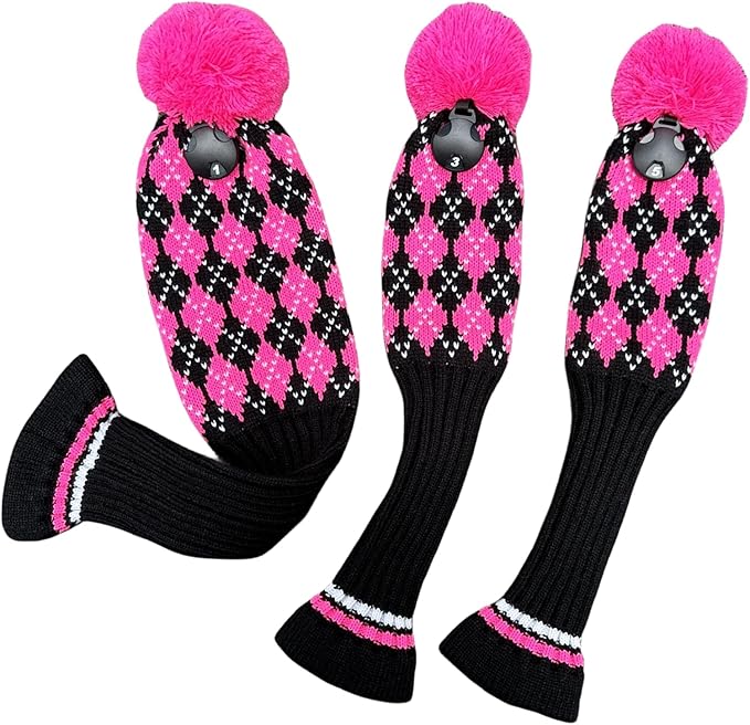 3pcs Knit Pink Golf Club Head Covers, Golf Driver 3 5 Fairway Woods Covers, Pom Pom Golf Wood Headcovers Covers for Driver, 3 5 Woods Women