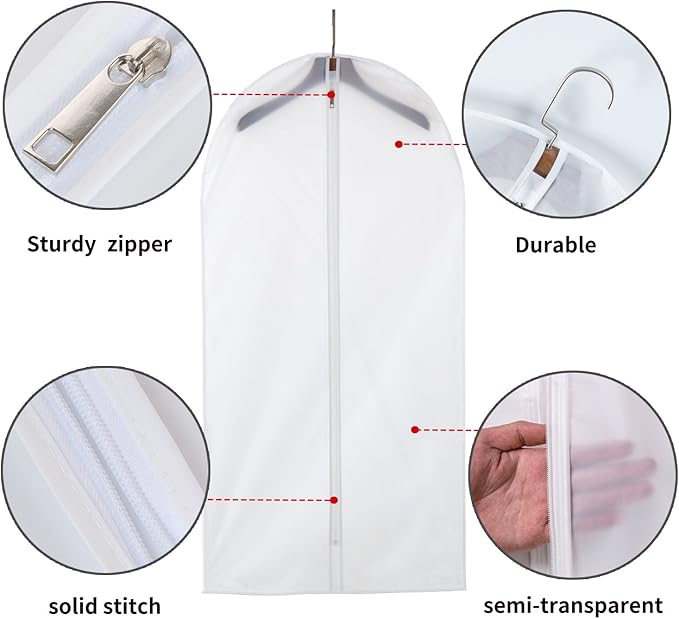 6 Pack Garment Bags for Hanging Clothes (24x40") - Dustproof Suit Bags for Closet Storage - Durable PEVA Covers with Sturdy Zipper for Coats, Jackets & Dresses (Translucent)