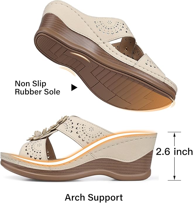 TEMOFON Womens Wedge Sandals Leather: Dressy Sandal, Rubber Sole, Comfortable Walking, Casual Slip on Summer Shoes, Size 5-11