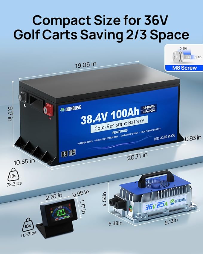 DC HOUSE 36V 100AH Cold-Resistant Metal Case Lithium Battery Golf Cart, Low Temp Discharge Down to -22°F, ≥95% Capacity Retention in Winter, 200A BMS, Bluetooth & LCD Monitor, Peak Current 700A