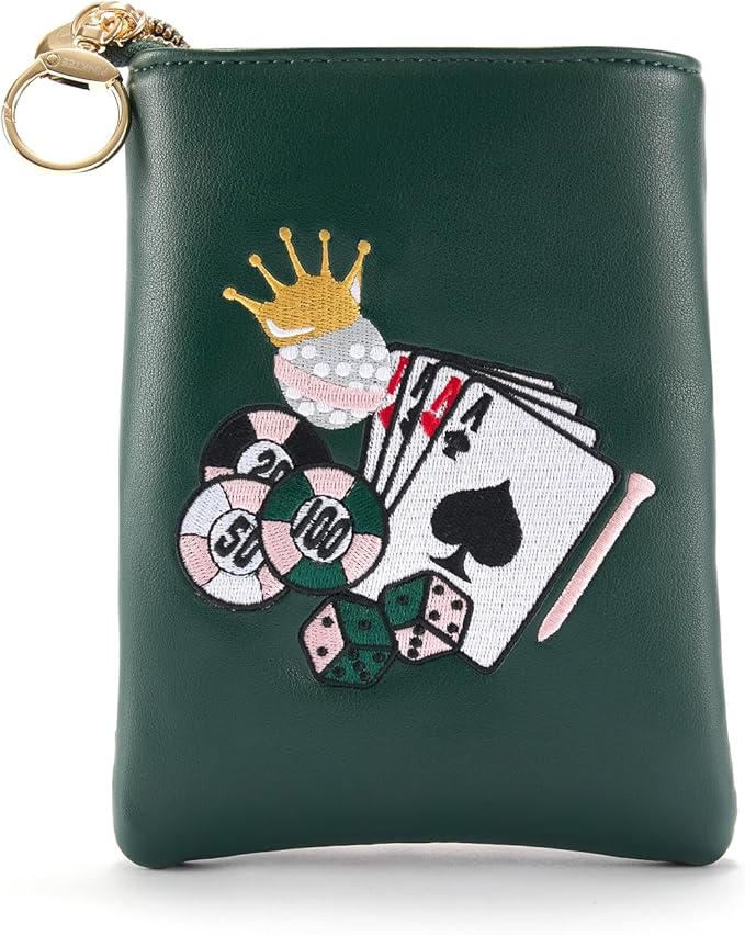 PINKTEE Golf Valuables Pouch Funny Golf Accessories Bag with Zipper Master Green Premiun Leather Golf Tee/Ball Pouch for Women Men (CASINO QUEEN, Pink stripe)