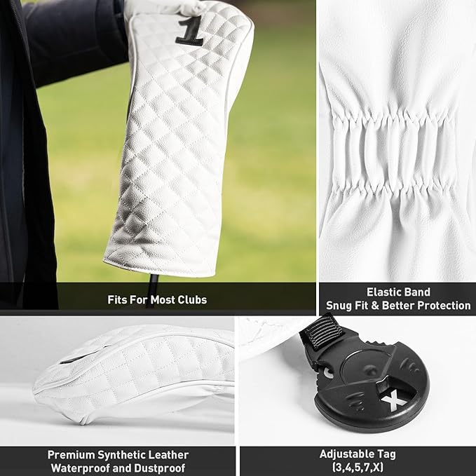 FINGER TEN Golf Club Head Covers for Woods Driver Fairway Hybrid with Interchangeable Number Tag 1 3 5 Premium Leather Headcovers for Women Men