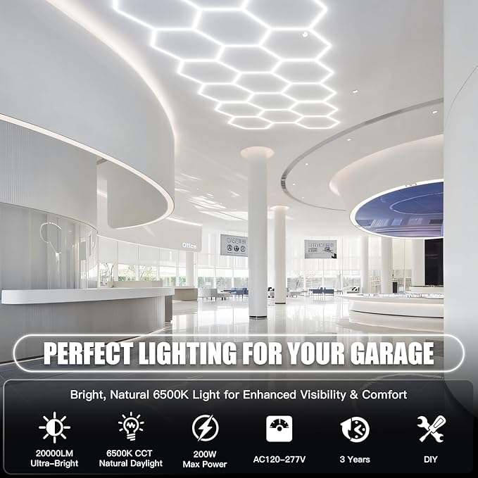 JTT Hexagon Garage Lights, 200W 20000LM 5 Grids 25Pack LED Garage Hexagon Lights, 6500K Super Bright Car Detailing Ceiling LED Shop Light for Warehouse Workshop Gym Basement Car Care Wash Room