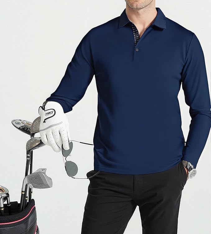 Alex Vando Mens Golf Shirt Moisture Wicking Quick-Dry Solid Long Sleeve Polo Shirts for Men