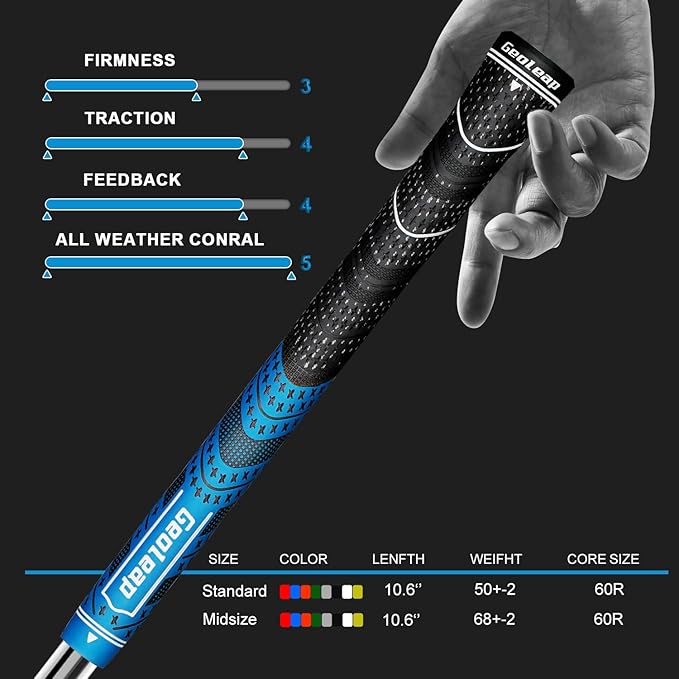 Geoleap Golf Grips Set of 13- Cord Rubber Compound Material, Hybrid Golf Club Grips, All Weather Performance.