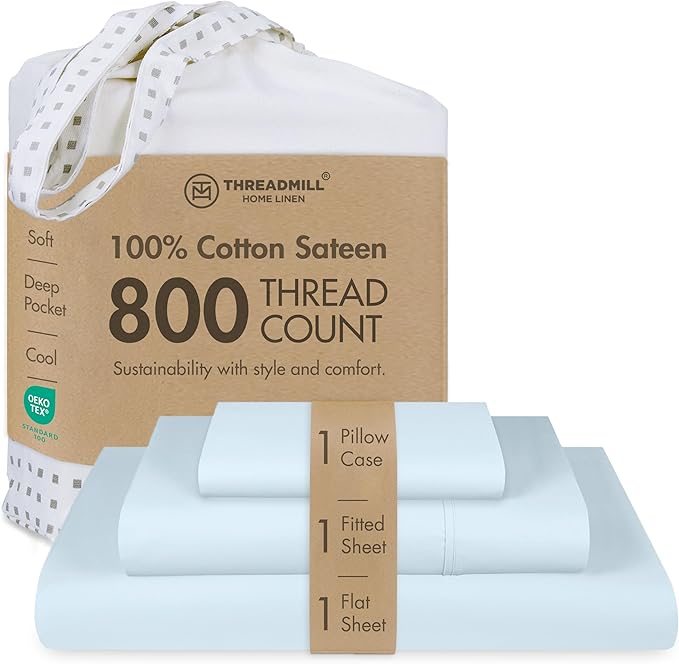 Threadmill Luxury 800 Thread Count 100% Cotton Sheets - Light Blue Sateen Weave Twin Size Bed-Sheets, Better Than Egyptian Cotton,3 Pc Solid Soft Bedding Set, Fits 15" Deep Pocket