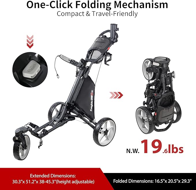 Caddytek CaddyLite ONE-Swivel V8 Golf Push Cart - Lightweight 3 Wheel Foldable Cart with One-Click Folding, 360° Swivel Front Wheel, Adjustable Handle, Cooler Basket, Umbrella & Drink Holder