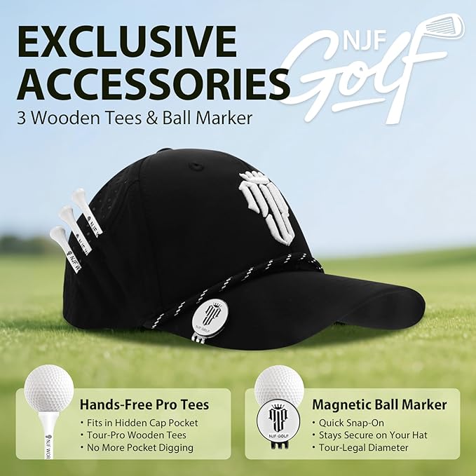 NJF Golf™ Hat Men - Breathable Mens Golf Hats, Adjustable Rope Snapback Cap, Convenient Cap with Tee Holder