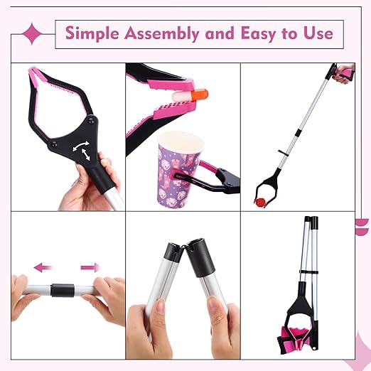 Ctosree 8 Pack 32" Trash Grabber Reacher Tool for Elderly, Foldable Litter Picker Upper, Lightweight Trash Pick up Stick, Long Handy Mobility Aids for Home Garden Arm Extension(Pink)