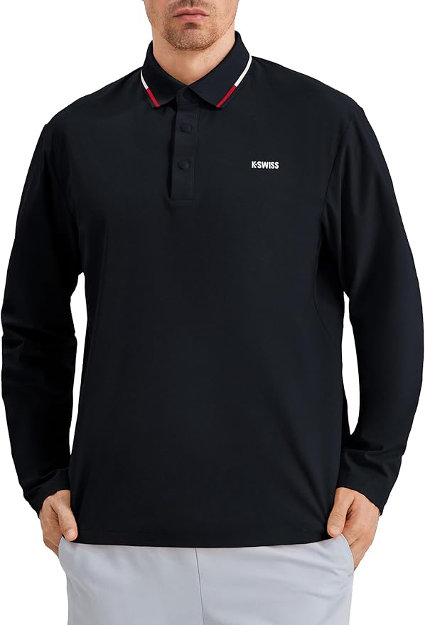 K-Swiss Men's Long Sleeve Polo Shirts - Golf Tennis Dry Fit Performance Moisture Wicking Casual Collared