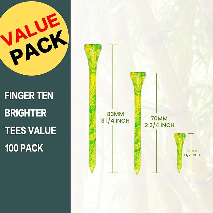 FINGER TEN Golf Tees Stylish Bamboo Wooden Coloured Painted Value 100 Pack, Durable 3 1/4 2 3/4 1 1/2 Inch Long Short Tee, Cool Style Purple Pink Green Enhanced Visibility for Men Women