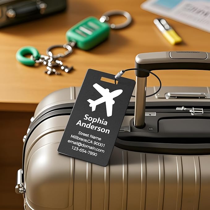 Personalized Metal Luggage Tags, Custom Suitcase Aluminum Name Tags with 5.9in Steel Ring, Laser Engraved Text and Logo, for Travel Gift, Baggage, Golf Bag (Black)
