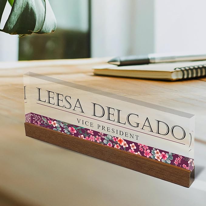 Artblox Personalized Office Desk Name Plate and Business Card Holder | Clear Acrylic Glass with Teak Wood Stand | Wild Flowers Design Customized with Your Name and Credentials Office Desk Décor