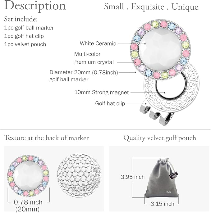 Golf Ball Marker Hat Clip with Ceramic Crystal Ball Marker (20mm Small Size) Gifts Accessories for Golfers