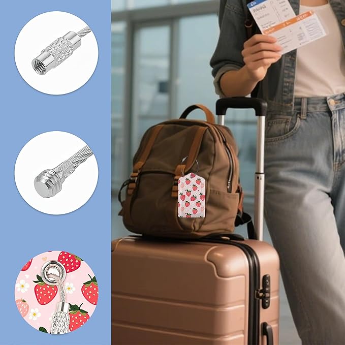 Luggage Tags for Suitcases Durable Leather Luggage Tags Cute Travel Name Tags for Cruise Ships Travel Essentials 3 Pack (Strawberry)