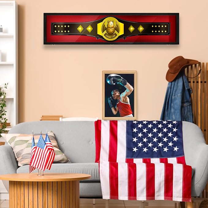54" Wrestling Championship Belt Display Case Championship Wrestling Belt Wall Mount Wooden Display Case Cabinet W/98% UV Acrylic Door Lockable Box for Christmas Collectors Gift