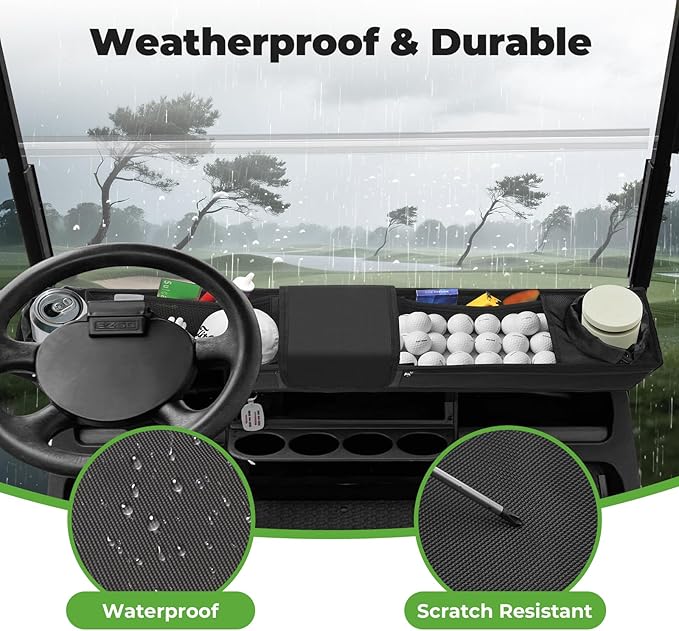T TGBROS Universal Golf Cart Storage Organizer – Overhead Mesh Bag, Front Basket with Cup Holders & Push Cart Zippered Pouch Fits Club Car, EZGO, Yamaha, Kandi, Push Carts Large Capacity
