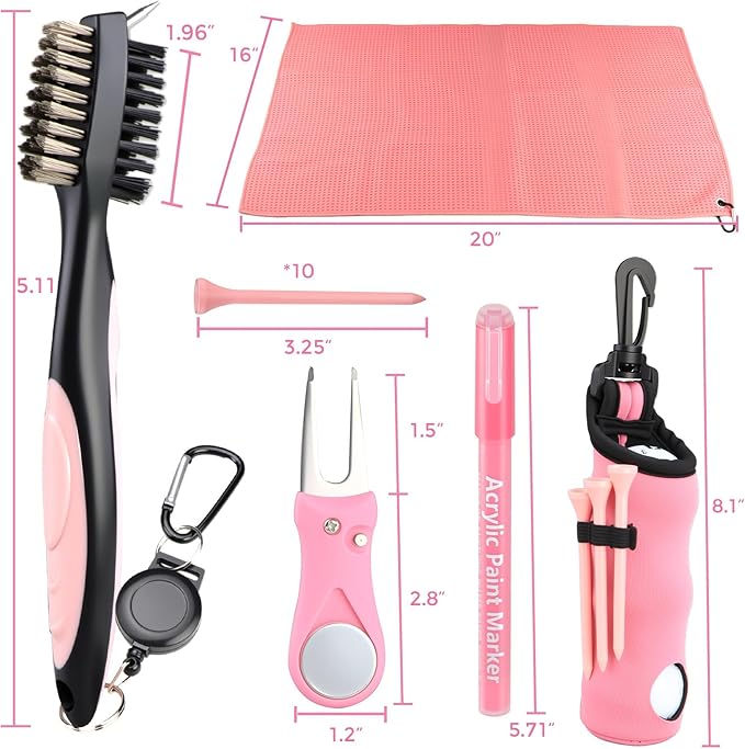 Pink Golf Accessories for Women, Acrylic Paint Ink 16 Pcs Golf Essentials Kit - Golf Club Brush & Golf Towel, Tee & Ball Holder for Bag, Divot Tool & Ball Maker, Golf Club Cleaning Kit - Golf Gifts