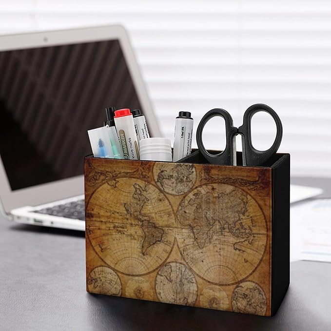 Pen Holder, Pencil Holder for Desk Organizer, Vintage Retro World Map PU Leather Pencil Cups Desktop Stationery Storage Makeup Brush Holder Pen Organizer for Office Home