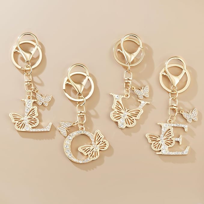 Gold Plated Alphabet Initial Letter Keyring Keychain for Women Girls Crystal Key Chains for Wallet Backpack Bag Charm