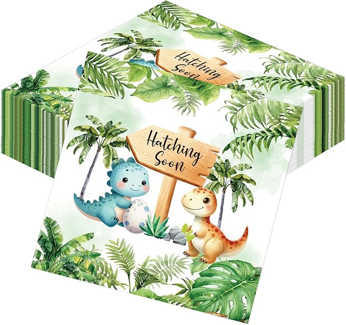 Dinosaur Baby Shower Napkins Decorations, 50PCS Hatching Soon Baby Shower Napkin Supplies, Cute Dino Party Decor for Boys