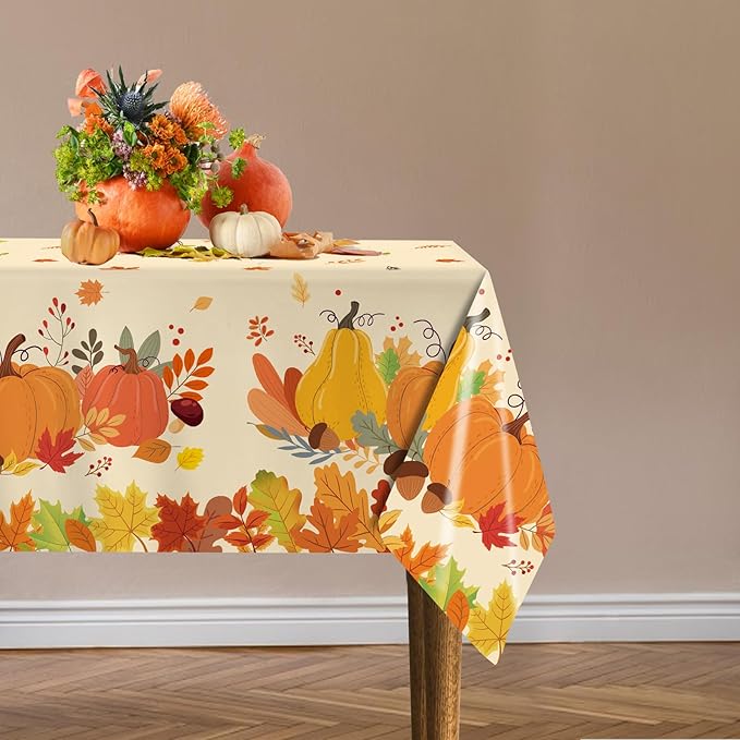 3 Pack Fall Pumpkin Tablecloth Thanksgiving Tablecloth Autumn Leaves Table Cover for Fall Thanksgiving Party Decorations, 54 x 108 Inch