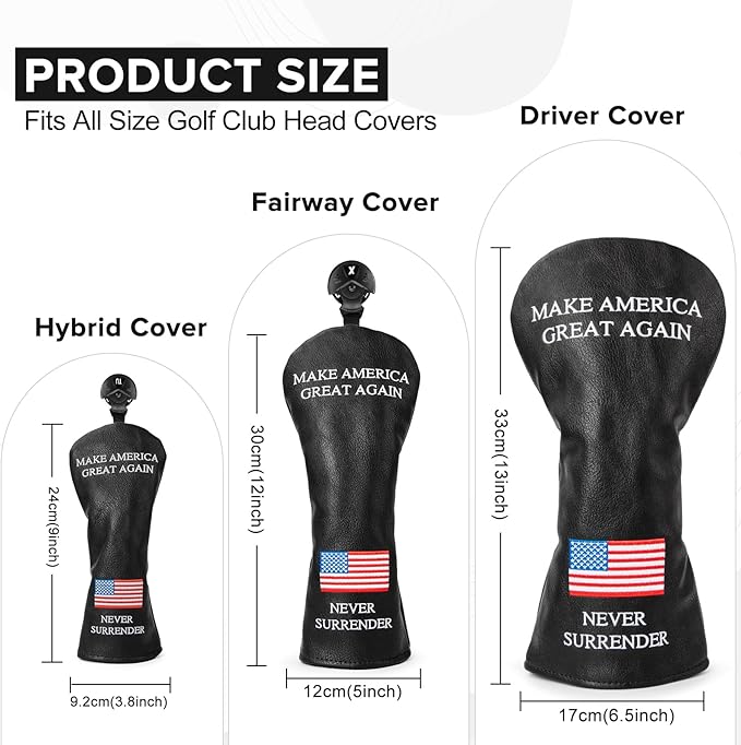 Golf Headcovers Golf Club Head Covers MAGA Style Elegant Embroidery Premium Leather Driver Fairway(FW) Wood Hybrid(UT) with Number Tags, 3 Wood Headcover Set