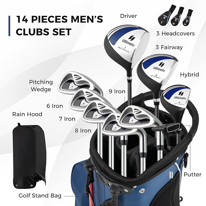 ULTIMATE Men's Complete Golf Club Set – Right-Handed, 9/11-Piece Full Set Including 460cc #1 Driver, #3 Fairway Wood, Hybrid, #6, #7, #8, #9, #P Irons, and a Precision Putter