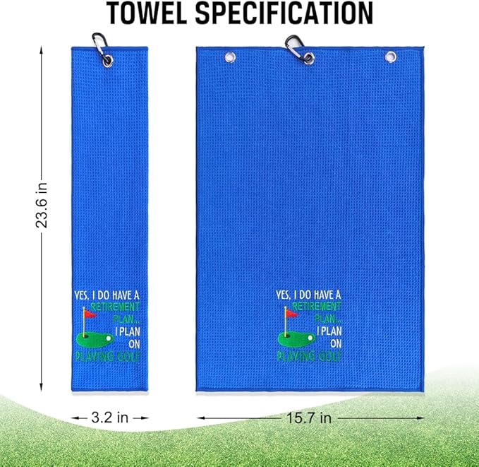 ERHACHAIJIA Yes I'd Have A Retirement Plan Embroidered Golf Towel with Clip. Funny Golf Accessories Gifts for Men Women Golfer Grandma Grandpa Mom Dad, Retirement (Blue)