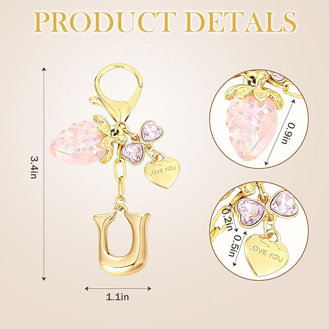 Snycler Bubble Initial Keychain with Strawberry & Bow- Gold Letter Bag Charms for Women, Cute Purse Handbag Accessories