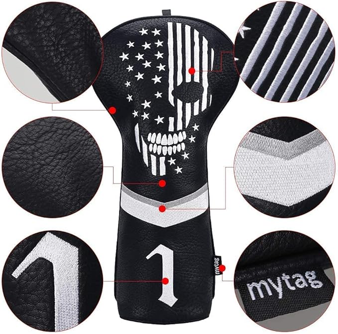 mytag Skull Skeleton Golf Head Covers Black Synthetic Leather Golf Headcovers Set Fits Driver Fairway Wood Hybrid/Utility Putter Iron Wedge Headcover