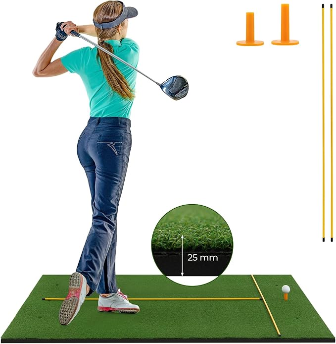 Goplus Golf Mat, 5x3ft/5x4ft Golf Hitting Mat 20/25/27/32mm Thick w/2 Alignment Sticks & 2 Golf Tees, Portable Artificial Turf Grass Training Mat Practice for Indoor Outdoor