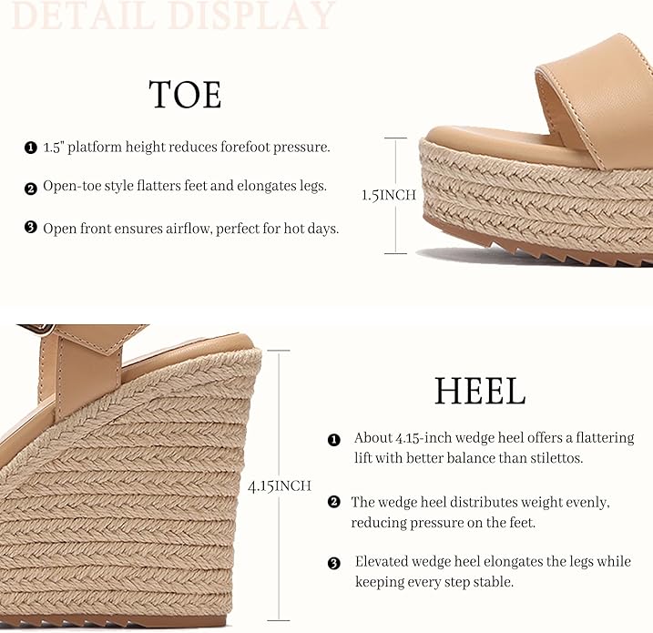 VICKI·VICKI Wedges for Women Platform Sandals Wedge Heels for Sandals Comfortable Summer Espadrille Shoes Ankle Strap&Open Toe