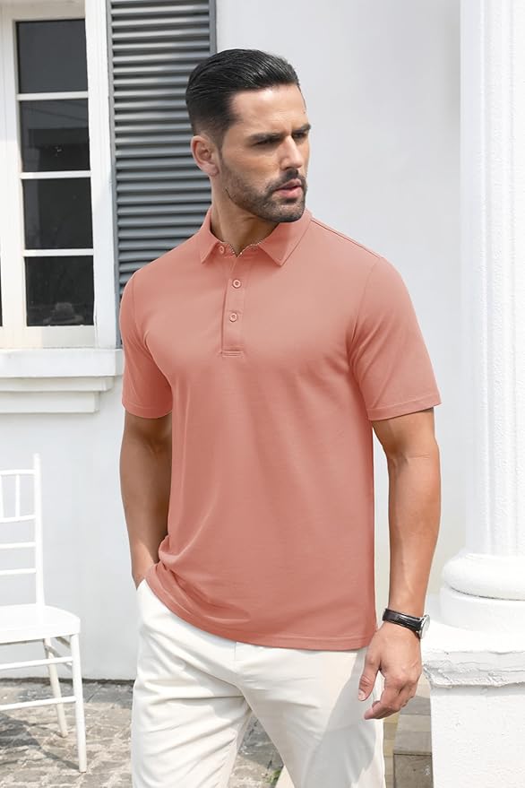 MAGCOMSEN Men's Polo Shirts Short Sleeve Cotton Pique 3 Button Classic Fit Casual T-Shirt Performance Golf Shirts