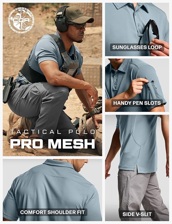 CQR Men's Polo Shirts, Tactical Short Sleeve Golf Performance Shirts, Lightweight Dry Fit UPF 50+ Pique