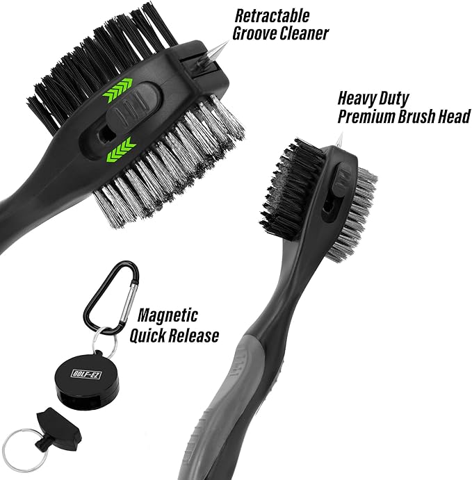 Magnetic Oversized Golf Club Cleaning Brush - 2X Bigger Brush Head with Quick Release and Retractable Groove Cleaner